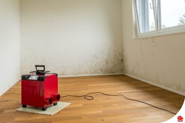 Bright UK living room with an open window and a dehumidifier, airing out a damp musty smell