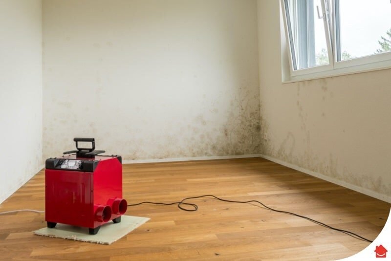 Bright UK living room with an open window and a dehumidifier, airing out a damp musty smell