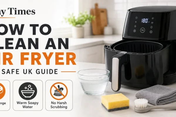 Air fryer basket being cleaned safely with a soft sponge and washing-up liquid