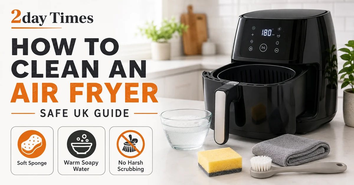 Air fryer basket being cleaned safely with a soft sponge and washing-up liquid