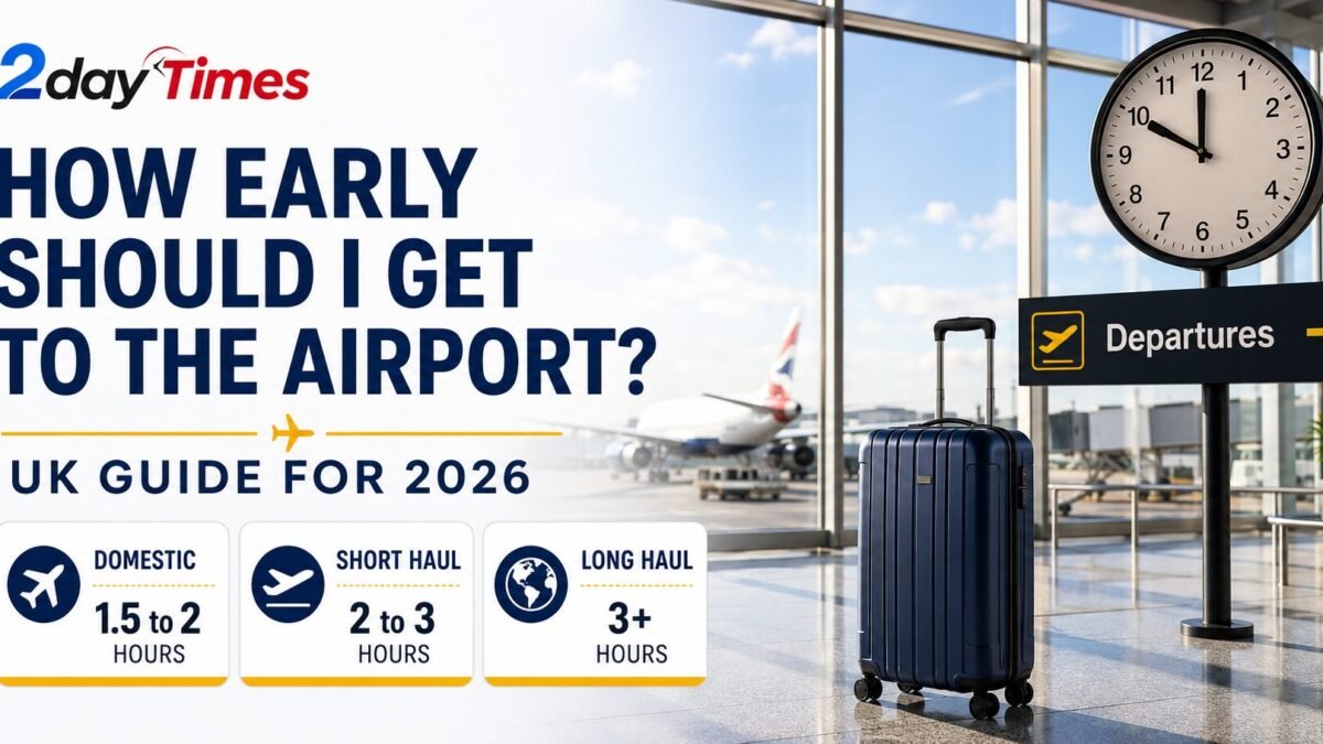 Airport departure terminal with luggage and clock showing when travellers should arrive before a flight