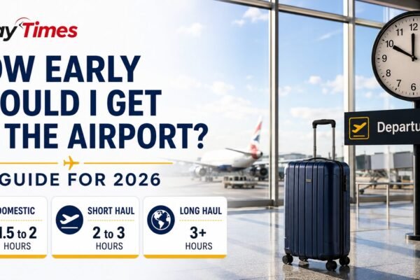 Airport departure terminal with luggage and clock showing when travellers should arrive before a flight