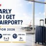 Airport departure terminal with luggage and clock showing when travellers should arrive before a flight