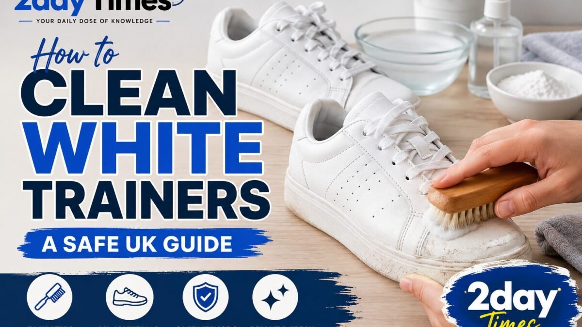 White trainers being cleaned with a soft brush and cloth