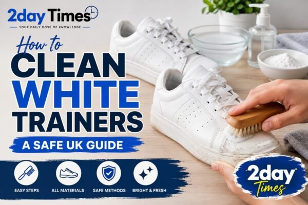 White trainers being cleaned with a soft brush and cloth