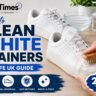 White trainers being cleaned with a soft brush and cloth