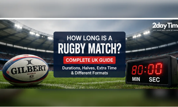 Rugby ball on a stadium pitch beside a match clock showing 80 minutes