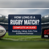Rugby ball on a stadium pitch beside a match clock showing 80 minutes