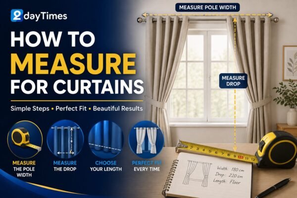 Tape measure beside a window showing how to measure for curtains correctly