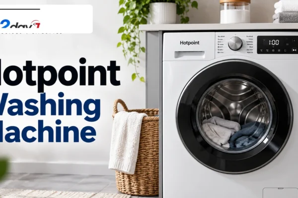 Modern Hotpoint washing machine in a UK laundry room