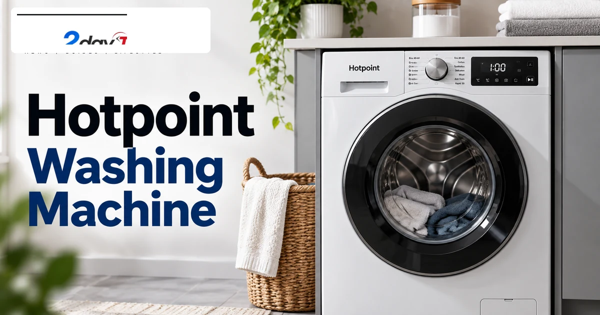 Modern Hotpoint washing machine in a UK laundry room