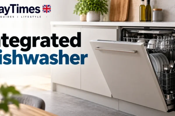 Integrated dishwasher fitted behind modern UK kitchen cabinetry