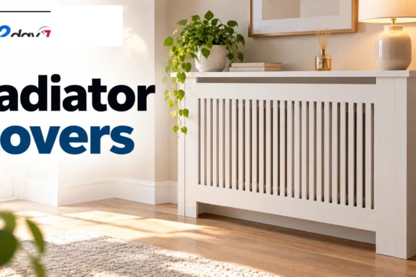 Modern ventilated radiator cover fitted around a home radiator