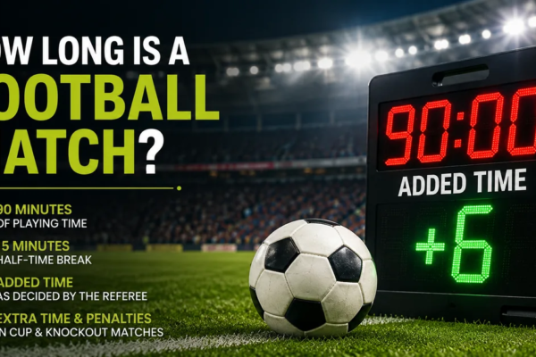 Football on a pitch beside a match clock showing 90 minutes