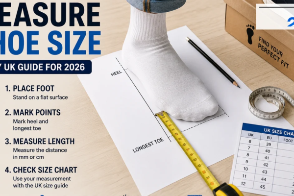 Foot being measured with a ruler and tape measure to find the correct shoe size