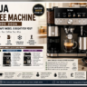 Ninja style coffee machine with espresso cup, coffee beans and milk jug in a modern kitchen