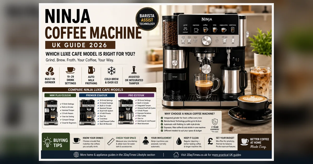 Ninja style coffee machine with espresso cup, coffee beans and milk jug in a modern kitchen