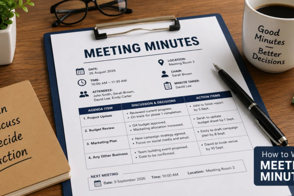 Meeting minutes document with agenda, decisions, action items and deadlines