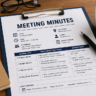 Meeting minutes document with agenda, decisions, action items and deadlines