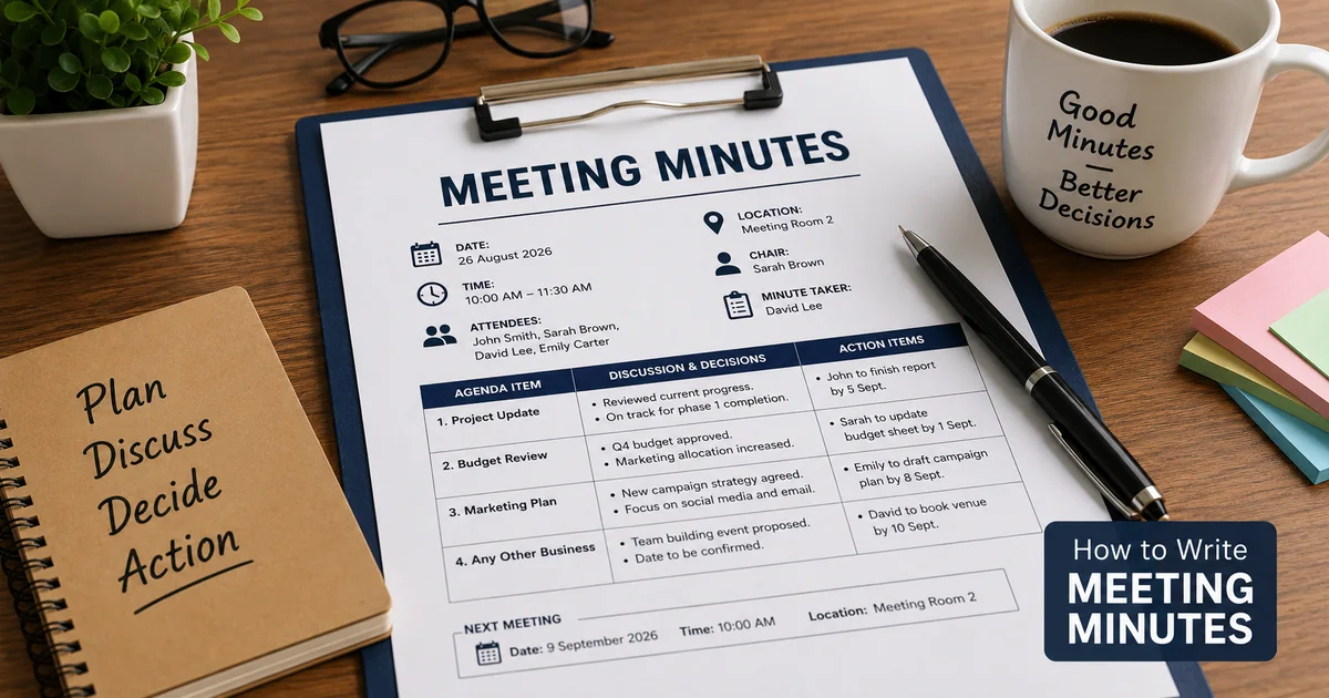 Meeting minutes document with agenda, decisions, action items and deadlines